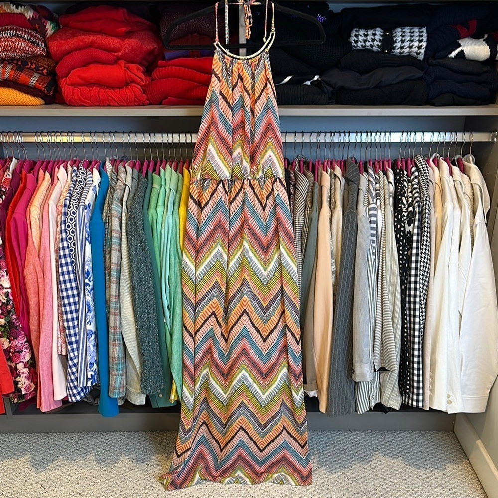 City Studio orange/blue/yellow print backless sleeveless maxi dress size S